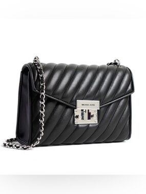 Michael Kors Black Quilted Leather Shoulder Bag w/Silver Chain Strap & Hardware.